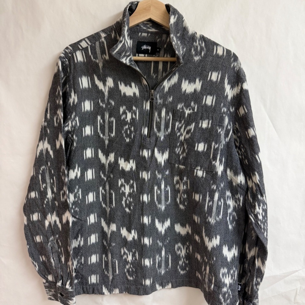 Stussy Mens 1/4 Quarter Zip Ikat Geo Aztec Beach Pullover Shirt Black White M